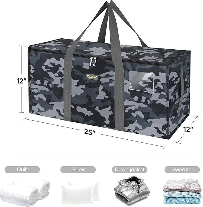 BALEINE Extra Large Storage Tote with Zippers & Carrying Handles, Heavy-Duty Oxford Fabric Moving Bags for Laundry, Space Saving, Storage, Grey Camouflage