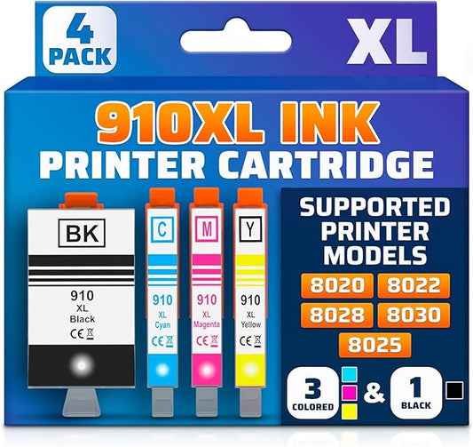 910XL Printer Ink Cartridges 4 Pcs – Includes 910XL Black & Color Ink – Compatible with HP 8020, 8025, 8028, 8030, 8035, 8010, 8015, 8018, 8022 – Quality Prints – Easy Installation