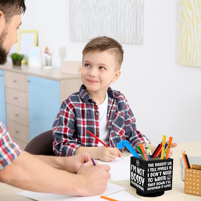 Outus Wooden Spinning Pen Holder for Desk I'll Remember It Later Pencil Holder Cute Organizer Funny Desk Decor Pencil Case Art Supply Storage Box for Home Office (Black)