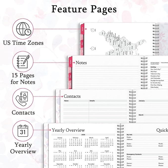 CRANBURY Daily Planner 2026, 8.5x11 Appointment Book, Jan to Dec 2026, 15-Min Hourly Scheduler, Large Planner Book with Colorful Tabs, Premium Paper (Blossoms)