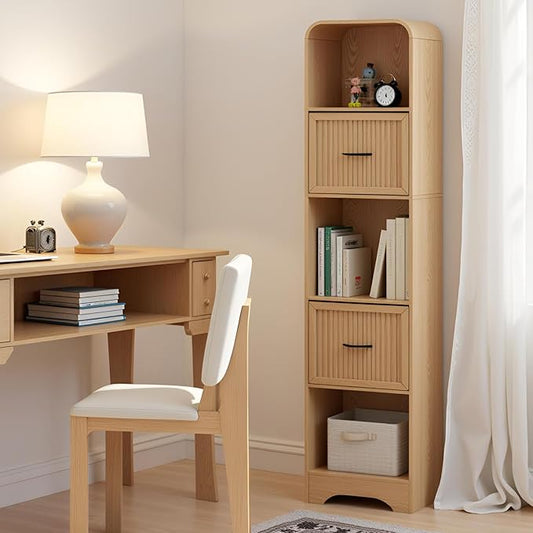 70" Tall Arched Bookcase and Book Shelf, Narrow Bookshelf with Drawers, Modern Wooden Bookshelves w/Adjustable 2 Bins Storage, Skinny bookshelf w/Open Display Shelves for Living Room, Office, Oak