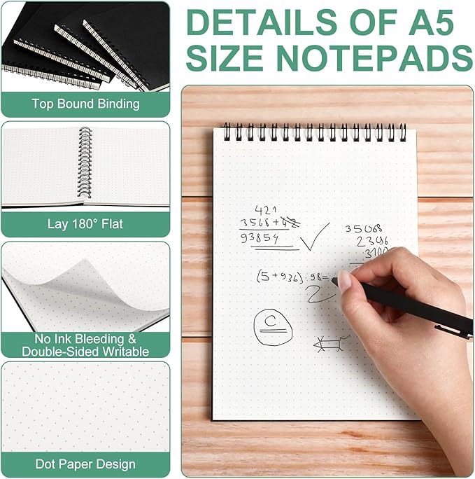 2 Pcs Dot Grid Notebook Top Spiral Notebook A5 Size Bullet Dotted Paper Hardcover Dot Journal 8.3''x 5.8'' 140 Pages Spiral Notepads for Sketching Drawing Writing School Office (Black)