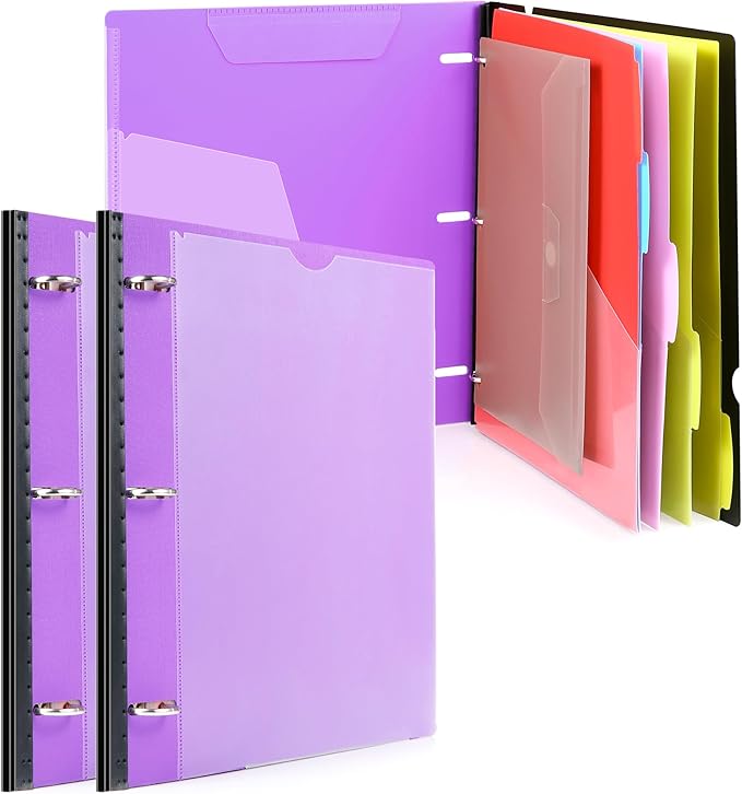 WOT I Telescoping Project Organizer 2-Pack, Refillable 3 Ring Binder with Dividers and Pockets, 13 Pocket Folders, 1 Inch 3 Rings, Purple