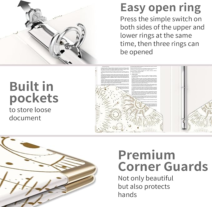 Ospelelf 3 Ring Binder, 1/2 Inch, Cute Letter Size (11" x 8.5") with 5 Tab Dividers, File Folder Labels and Low Profile Clipboards, Tarot Cards Binder for School and Office Supplies