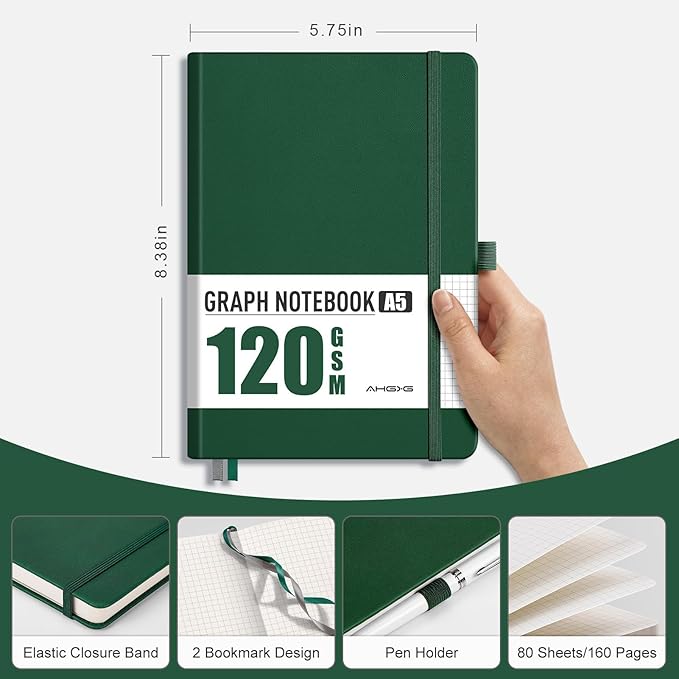 AHGXG Graph Paper Notebook - Grid Notebook Journal A5, 120 GSM Thick Graph Paper, 160 Pages, Leather Hardcover, for Graphing, Writing, Math, Engineering, 5.75'' × 8.38''- Green
