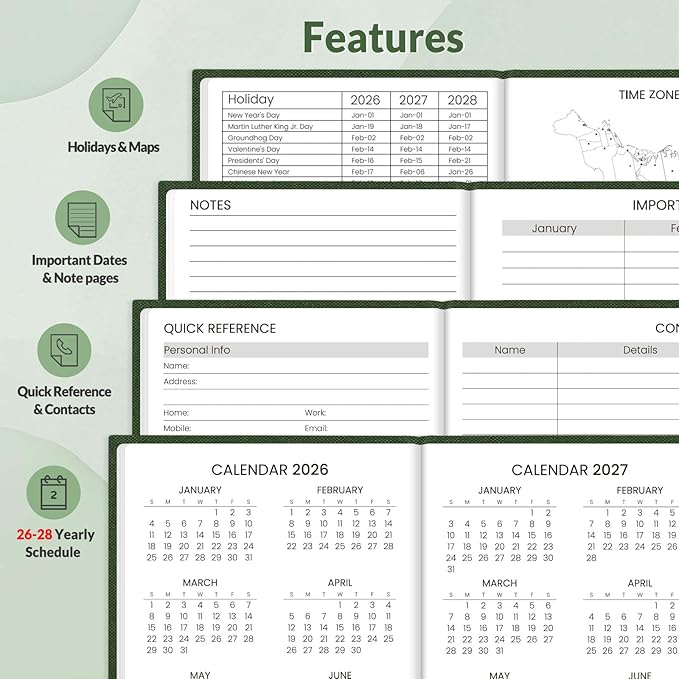 SUNEE 2026 Pocket Weekly Planner for Purse 3.5" x 6" - 12 Month (January 2026 - December 2026), Small Size Planner, Hardcover, Note, Deep Green