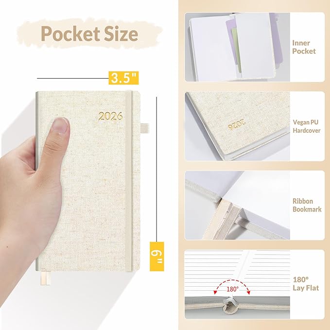 SUNEE 2026 Pocket Weekly Planner for Purse 3.5" x 6" - 12 Month (January 2026 - December 2026), Small Size Planner, Hardcover, Notes, Pocket, 100 GSM Paper, Beige