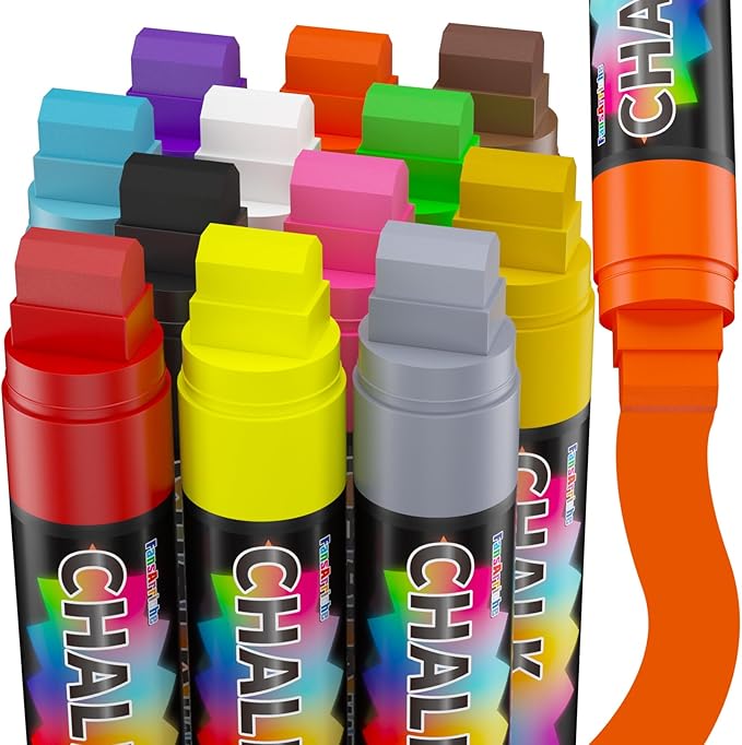 FansArriche Jumbo Chalk Markers, 15mm Window Markers for Glass Washable, 12 Colors Liquid Chalk Marker Erasable for Chalkboard, Blackboard, Car