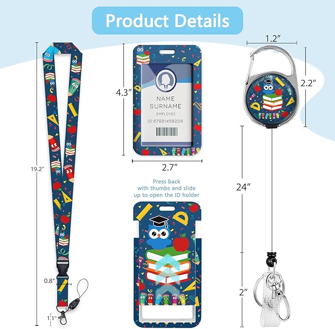 Cute Teacher ID Badge Holder with Breakaway Lanyard, Fashionable Lanyards for ID Badges Women, Cute Owl Badge Reel Retractable, ID Card Holder Keychain Name Badge Clip, Teacher Appreciation Gifts