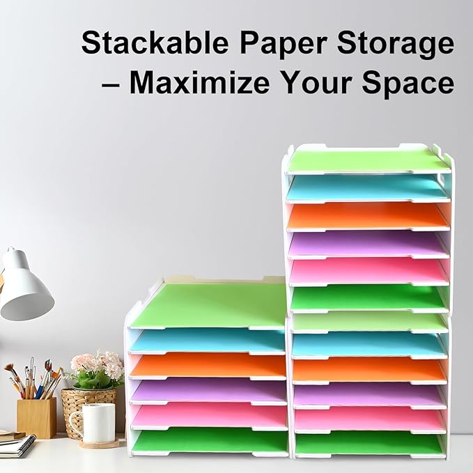 12x12 Paper Organizer, 6-Tier Scrapbook Paper Storage, Stackable Desktop File Holder for Home, Office, Classroom, and Craft Room
