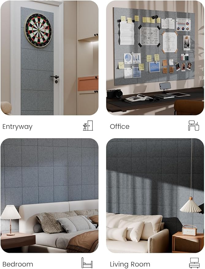 Bumusty Large Cork Board 47"x35" Alternative - 12 Pack Felt Wall Tiles with 70 Safe Removable Adhesive Tabs, 30 Pushpins, Cork Boards for Walls Pin Board Tack Board Cork Board (Silver Mink)