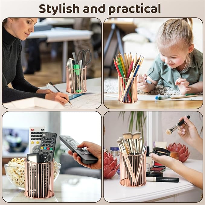 2 Pack Metal Pen Holder for Desk, Makeup Brushes Cup Holder, Pencil Holders, Pen cup, Home and Office Organizer, Rose gold