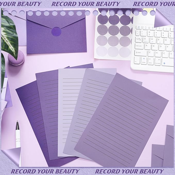 100 Pcs Stationery Lined Stationery Paper and Envelopes Set Includes 50 Letter Writing Paper and 50 Envelope for Office, 5.5 x 8.25 Inch(Purple)
