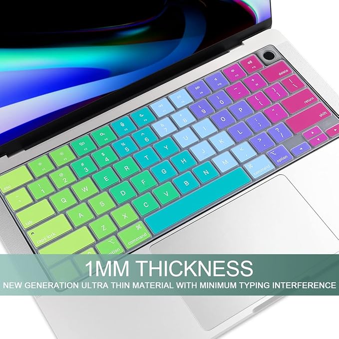Batianda Premium Gradient Color Keyboard Cover for New MacBook Pro 14'' Pro 16'' 2024 2023 M4 M3 M2 M1 Pro/Max Chip & New MacBook Air 13 15 inch Soft-Touch Silicone Protective Skin,Rainbow