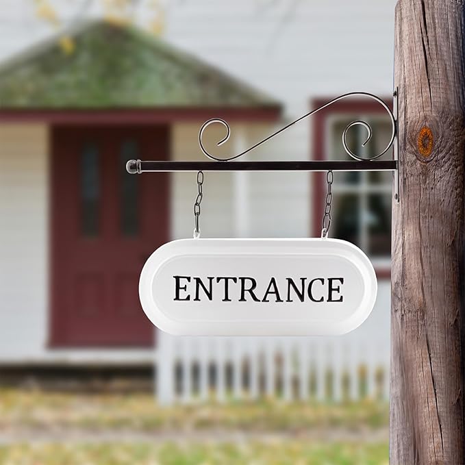 AuldHome Design Wall-Mounted Metal Entrance Sign, Farmhouse Enamelware 2-Sided Business Reception/Office Sign