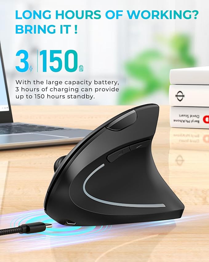 Lekvey Ergonomic Mouse, Vertical Wireless Mouse: Rechargeable Optical Carpal Tunnel Mice with 2.4G USB Receiver, 1000/1200 / 1600 DPI, 6 Buttons, for Laptop, Computer, PC, Desktop, Notebook, Black