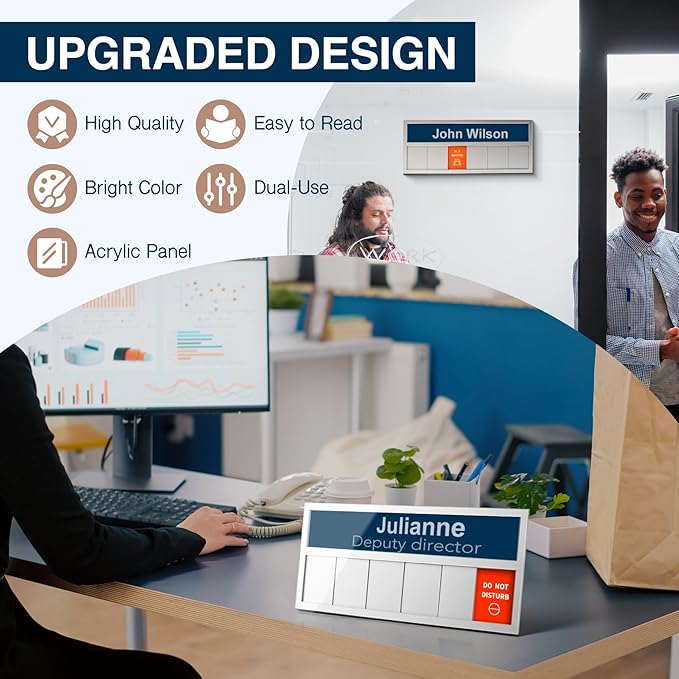 Name Plate for Desk& Office Door Sign, 6 Options Do Not Disturb, In A Meeting, Out of Office, Working Remotely, Please Knock, Stick or Stand with Desk Name Plate, Silver