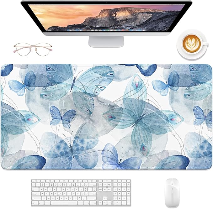Desk Mat, 32" x 16" XXL Extended Large Gaming Mouse Pad, Desktop Decor Desk Pad, Cute Men Women Office Supplies and Accessories, XL Mouse Mat for Laptop & Keyboard, Blue Butterfly