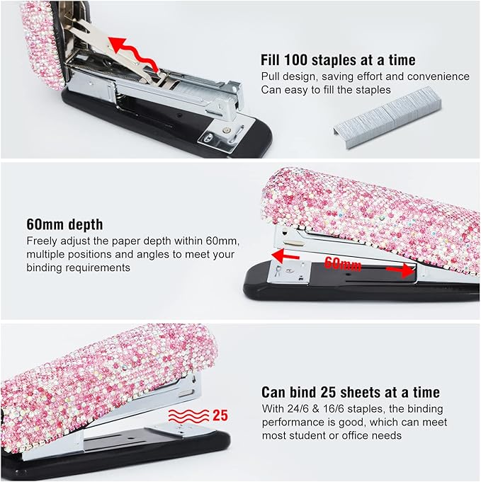 KEYPOWER Diamond Crystal Handmade Bling Dazzling Pink Stapler for Office, School, or Home