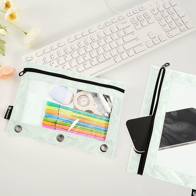 Gredecor Binder Pencil Pouch 3 Ring Honeydew Zipper Pencil Pouches Case 2 Pack Clear Binder Organizer for School Office