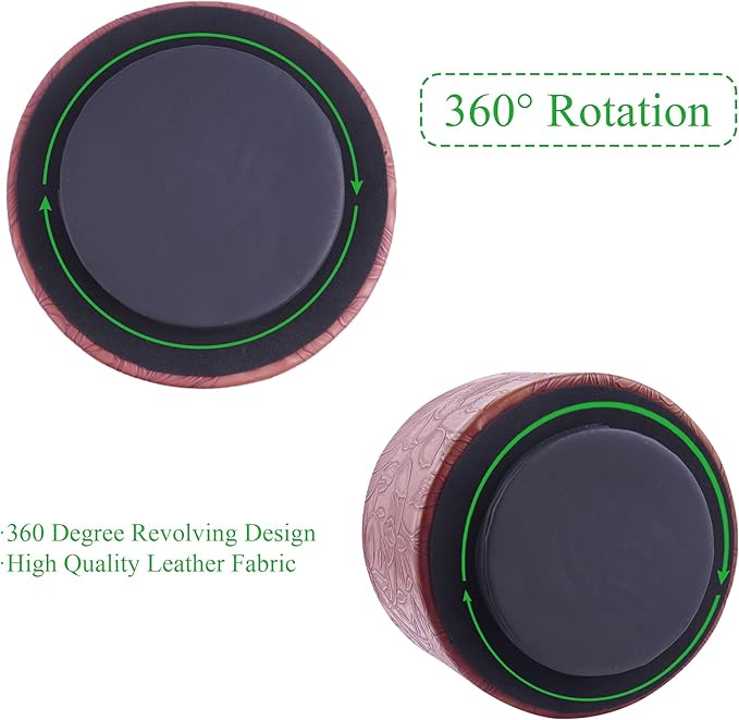 Hennaja Round Leather Art Supply Organizer,Remote Control Holder,360 Degree Spinning,Multi-Functional Pencil Holder,4 Compartments Desktop Stationary Organizer(1-Carved Dark Brown)