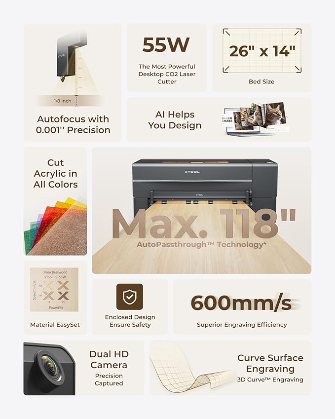 xTool P2S 55W CO2 Laser Cutter, Smart Desktop CO2 Laser Engraver and Cutter Machine, Dual Smart 16MP Cameras, 3D Curved Cylinder Engraving, Create with Wood and Metal Acrylic Glass Fabric Leather