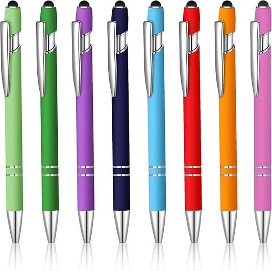 8 Pieces Ballpoint Pen with Stylus Tip Black Ink 2 in 1 Stylus Metal 1.0 mm Medium Point Smooth Pen Rainbow Colorful Rubberized Ballpoint for Touch Screen Tablet(Rainbow Color)