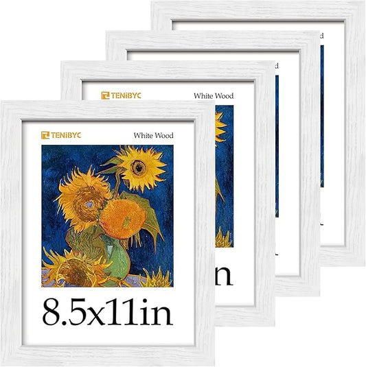 8.5x11 Picture Frame 4 Pack - White Solid Wood Poster Photo Frame - Tempered Glass - Woodgrain Series - Room, Office, Gallery, Studio Display - Tabletop & Wall Hanging