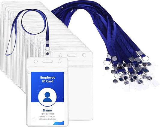 RexID 50 Pcs Vertical ID Holder Badges Name Tags,Waterproof Clear Plastic ID Card Holders with Blue Lanyard (50 Pcs (Vertical), Blue)