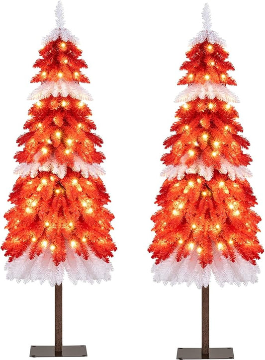 Goplus 5 FT Pre-Lit Artificial Christmas Tree for Entrances, 2 Pack Red & White Candy Cane Xmas Tree with 301 PVC Branch Tips, 100 Warm White LED Lights, Metal Stand, Front Door Porch Home Decoration