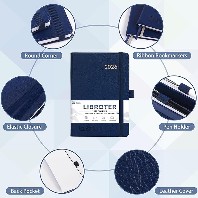 2026 Planner - Planner 2026, 2026 Weekly Monthly Planner, Jan.2026 - Dec.2026, 5.7'' x 8.4'', Thick Paper, Leather Cover, Pen Holder, Back Pocket, Bookmarks, Perfect Daily Organizer - Navy Blue