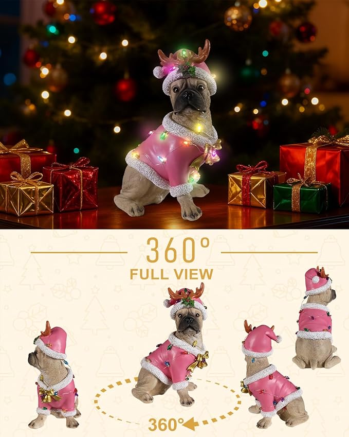 Christmas Outdoor Decoration Dog Statue, LED Light Cute English Bulldog Sculpture with Pink Santa Outfit & Lights for Garden and Yard, Indoor Holiday Décor Gift for mom and dad