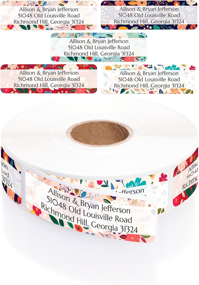 Multicolored Floral Print Rolled Address Labels / 500 Personalized Return Address Labels/Designer Address Stickers in Elegant Plastic Dispenser