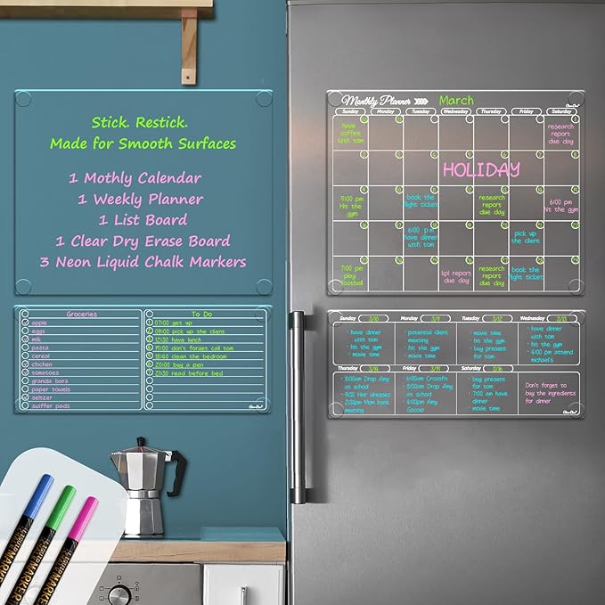 Clear Non-Magnetic Calendar Set for Fridge - Dry Erase Transparent Monthly and Weekly Calendar, List and Blank Whiteboard - Sticks to Wall, Glass, Door, Any Smooth Surfaces