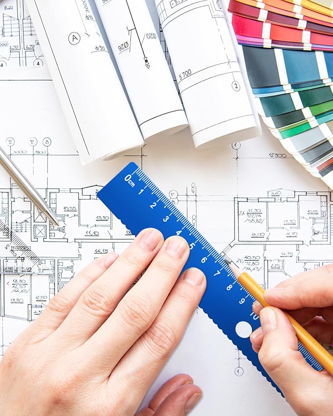 Honagu Triangular Ruler Set, 4+1Pieces Aluminum Alloy Ruler, Metal Drafting Ruler, Geometric Protractor for Students, School Office Supplies (Sky blue, 20cm)