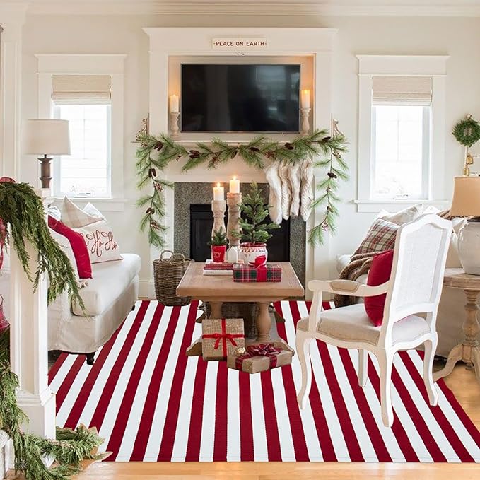 Christmas Outdoor mat Red and White Striped Outdoor Rug Front Porch Rug,Christmas Home Decor, Layerd Welcome Doormat for Front Porch Decor, Front Door, Farmhouse Decor (Red and White, 4' x 6')