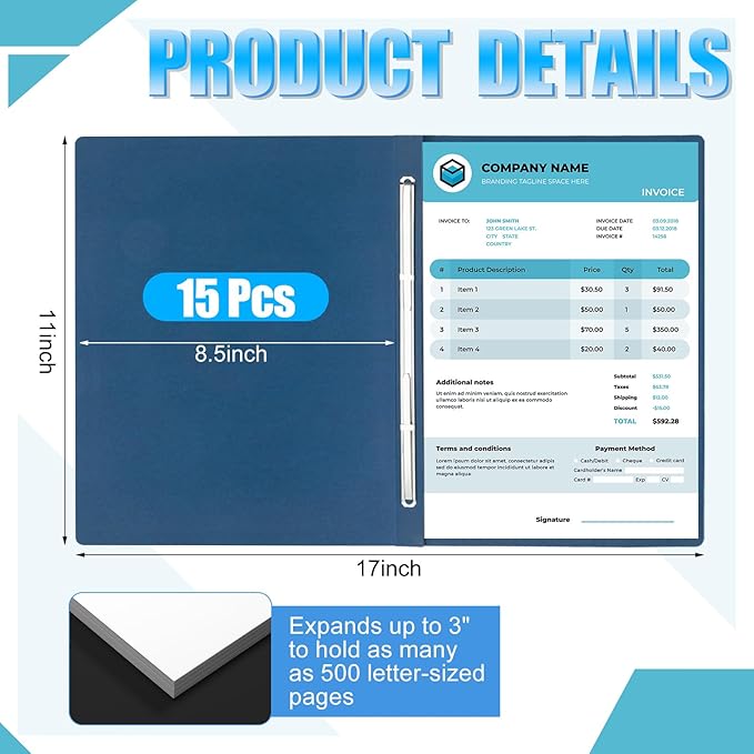 Zhanmai 15 Packs 8.5'' x 11'' Pressboard Report Covers, Metal Prong Fastener with Compressor, Letter Size 3'' Capacity Presentation Report Folder to Neatly Bind Reports, Proposals, Documents(Blue)