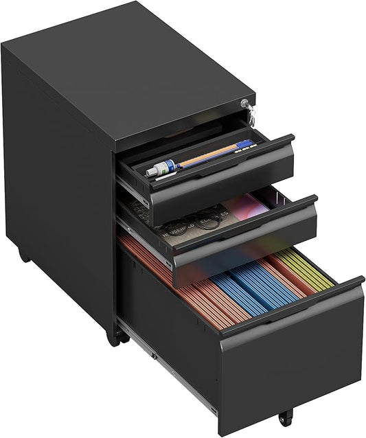 3 Drawer Mobile File Cabinet with Lock,Under Desk Metal Filing Cabinets with Wheels for Home Office Organizer Letters/Legal/A4(Easy Assemble-Black)