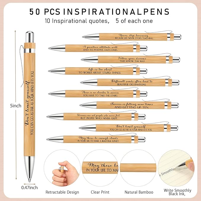 Yeaqee 50 Set Inspirational Spiral Notebook Bulk with Motivational Bamboo Ballpoint Pens Sticky Notepad Employee Appreciation Gifts for Teacher Staff Team Nurse Housekeeping Week Medical Assistant