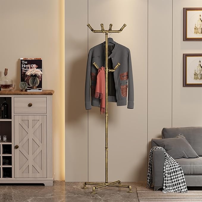 Industrial Coat Rack, Metal Pipe Coat Rack Stand Freestanding with 6 Hooks, Heavy Duty Coat Tree Sturdy Coat Racks for Entryway, Hallway, Bedroom (Vintage gold)