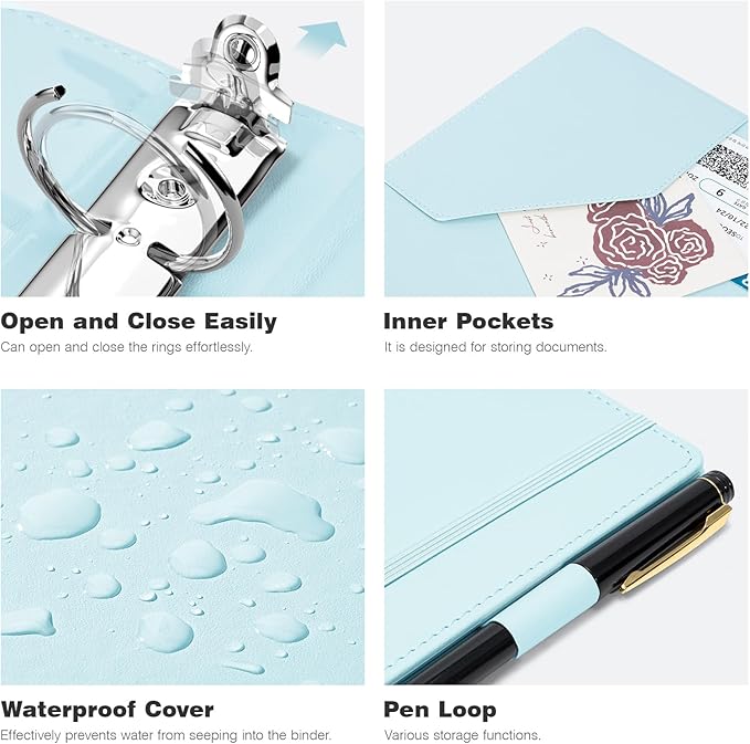 Ospelelf Mini Binder 2 Inch Small 3 Ring Vintage Leather Clipboard 5.5" x 8.5", Professional Binder Organizer Dividers with Tabs, Bule