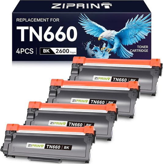 ZIPRINT 4-Pack TN660 Toner Cartridge Compatible with Brother Printer, TN-660 TN630 High Yield for HL-L2300D HL-L2305W HL-L2320D HL-L2360DW HL-L2380DW DCP-L2540DW DCP-L2520DW MFC-L2700DW MFC-L2740DW