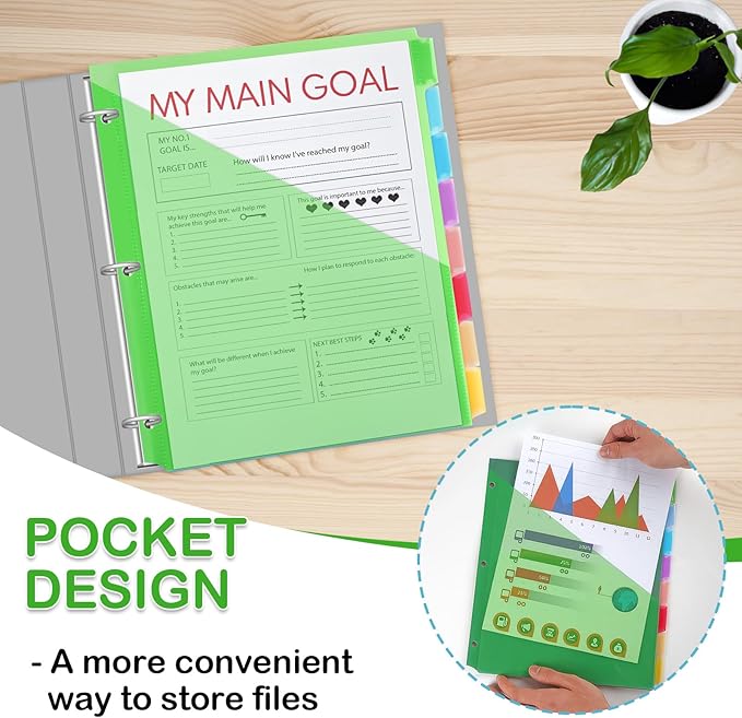 3 Ring Binder Dividers with Pockets, 8 Tab Plastic Dividers for 3 Ring Binders, Heavy Duty Binder Dividers with Blank Write Tabs for School Office Document Indexing and Protection, Multicolor