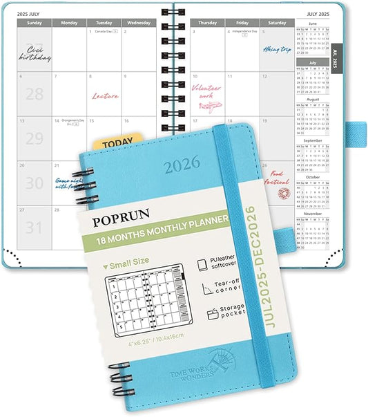 POPRUN Monthly Planner 2025-2026 Pocket Size (4" x 6.25") 18 Months Calendar (Jul 2025 - Dec 2026) - 4 Pages per Month with Monthly Expense & Notes, Sunday Start, Leather Cover - Blue Green