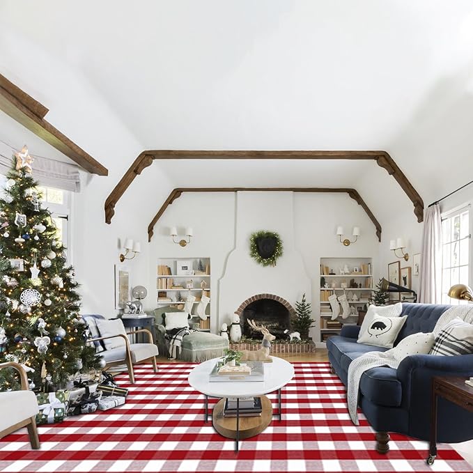 Christmas Red and White Plaid Rug 8x10 ft, Extra Large Cotton Hand-Woven Buffalo Check Area Rug for Living Room, Bedroom, Patio, Christmas Holiday Farmhouse Decor, Washable Outdoor Indoor Carpet