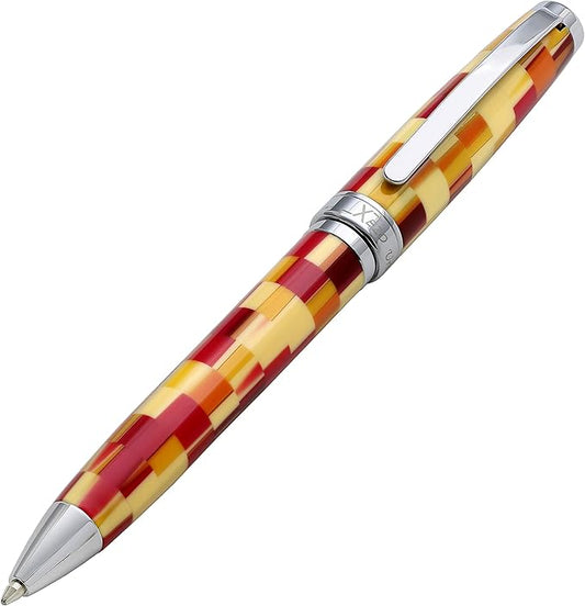 Xezo Urbanite Twist Action Ballpoint Pen, Medium Point. Retro Red, Yellow, and Cream Checkered Acrylic on Brass. Chrome Plated. Handcrafted, Limited Edition, Serialized