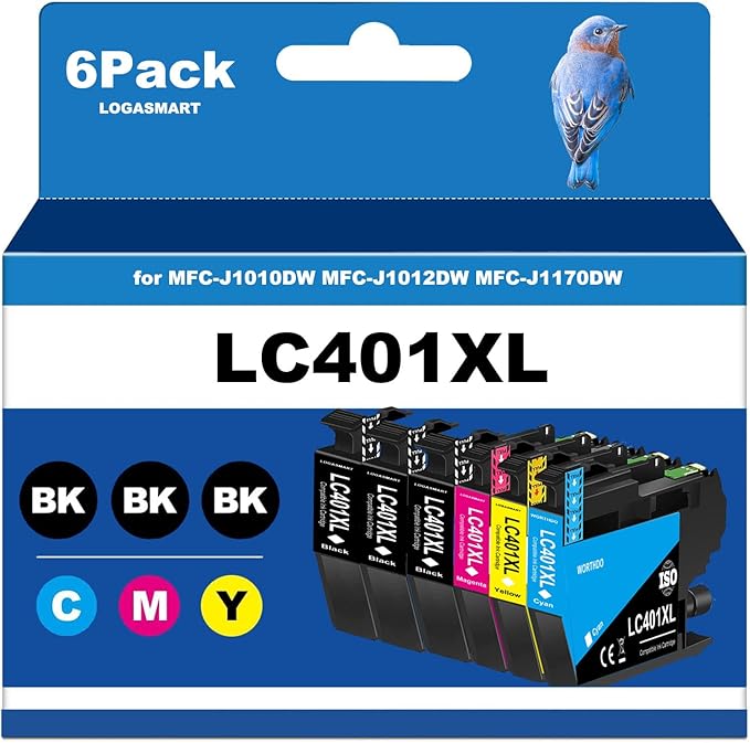 LC401XL Ink Cartridges for Brother Printer Compatible for LC401 Ink Cartridges for MFC-J1010DW MFC-J1012DW MFC-J1170DW Printer 6 Pack (3 Black, 1 Cyan, 1 Magenta, 1 Yellow)