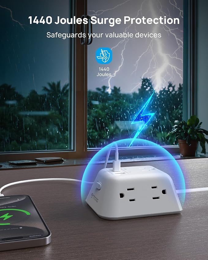 TROND 15ft Long Extension Cord, Ultra Thin Flat Plug Power Strip, 5 Widely-Spaced AC Outlets and 3 USB Ports, 1440J Surge Protector, 3-Sided Wall Mount for Home Office Dorm Room, White