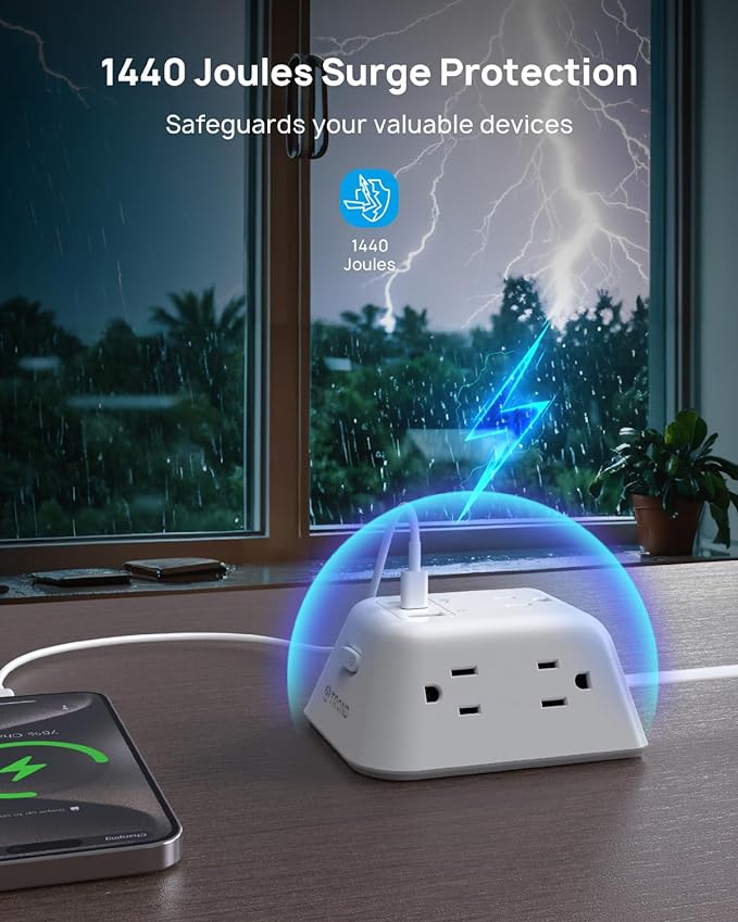 TROND Flat Extension Cord 10ft, Ultra Thin Flat Plug Power Strip, 5 Widely-Spaced AC Outlets and 3 USB Ports, 1440J Surge Protector, 3-Sided Wall Mount for Home Office Dorm Room, White