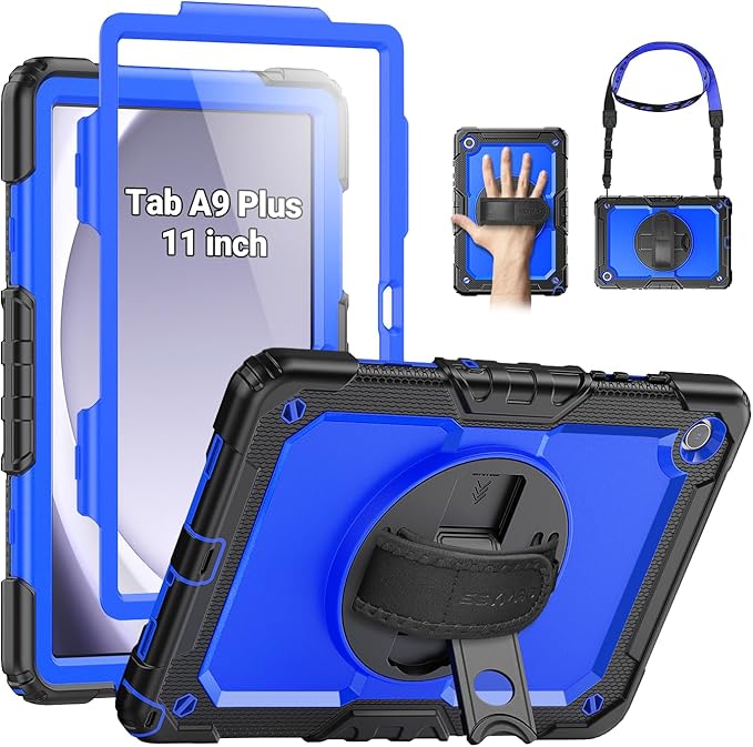 SEYMAC Case for Samsung Galaxy Tab A9+/ A9 Plus 11" (SM-X210/X216/X218), Heavy Duty Shockproof Protective Case with Screen Protector, Rotating Stand, Hand/Shoulder Strap and Pen Holder, Blue